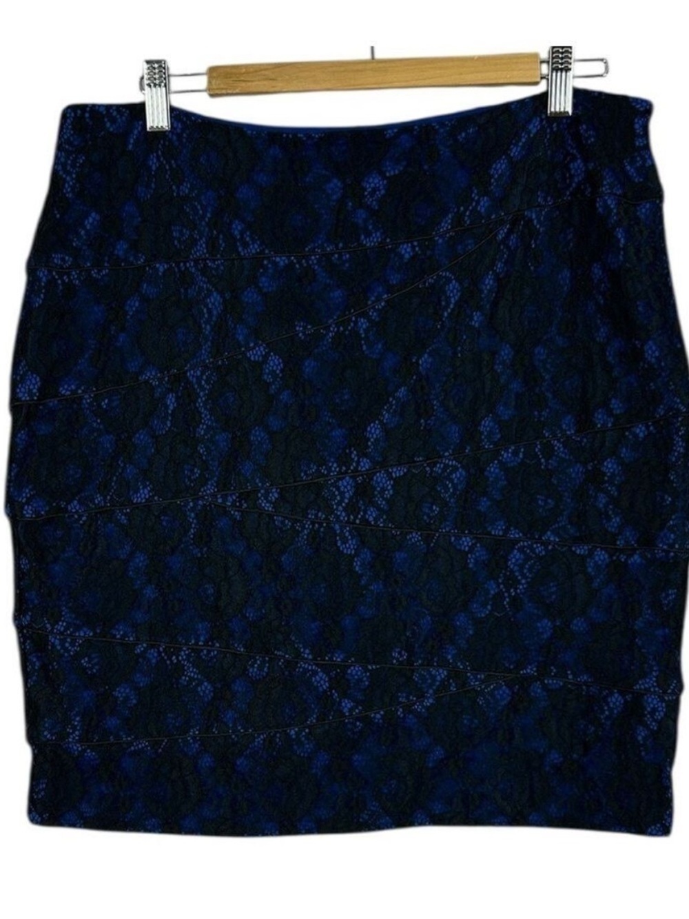 Lapis Chic Lace Overlay Side Zip Closure Pencil Mini Skirt XL Blue Black Party